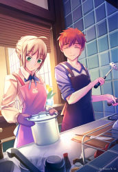 Rule 34 | 1boy, 1girl, absurdres, ahoge, apron, artoria pendragon (all), artoria pendragon (fate), cutting board, emiya-san chi no kyou no gohan, emiya shirou, fate/stay night, fate (series), fuura, highres, holding cooking pot, kitchen, kitchen knife, oven mitts, saber (fate), sleeves rolled up