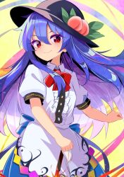 Rule 34 | 1girl, apron, back bow, black hat, blue hair, blue skirt, blue sky, bow, bowtie, center frills, closed mouth, collared shirt, frills, happy, harakune (mugennero), hat, highres, hinanawi tenshi, holding, holding sword, holding weapon, leaf hat ornament, long hair, peach hat ornament, puffy short sleeves, puffy sleeves, rainbow order, red bow, red bowtie, red eyes, shirt, short sleeves, skirt, sky, smile, solo, sun hat, sword, sword of hisou, touhou, very long hair, waist bow, weapon, white apron, white shirt