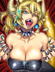 Rule 34 | armlet, bare shoulders, black dress, black nails, blonde hair, bowsette, bracelet, breasts, bursting breasts, cleavage, collar, collarbone, crown, dress, earrings, eyebrows, eyelashes, fingernails, gem, half-closed eyes, horns, jewelry, kimidake, large breasts, leaning forward, looking at viewer, mario (series), monster girl, nail polish, new super mario bros. u deluxe, nintendo, open mouth, pointy ears, polka dot, polka dot background, red background, sharp fingernails, sharp teeth, simple background, sleeveless, sleeveless dress, solo, sparkle, spiked armlet, spiked bracelet, spiked collar, spiked shell, spiked tail, spikes, strapless, strapless dress, super crown, tail, teeth, thick eyebrows, upper body