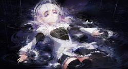 Rule 34 | 10s, 1girl, blush, boots, butterfly hair ornament, chaika trabant, dress, eyebrows, frills, hair ornament, hairband, highres, hitsugi no chaika, lolita hairband, long hair, outstretched arms, partially submerged, puffy sleeves, purple eyes, rain, rained, ripples, silver hair, solo, thighhighs, water, wet, wet clothes