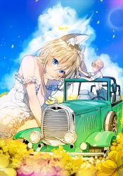 Rule 34 | 1boy, 1girl, animal ears, artist name, bare shoulders, blonde hair, blue eyes, blue sky, blush, car, closed eyes, cloud, day, dress, field, flower, flower field, giant, giantess, hand on another&#039;s head, head rest, headpat, long hair, looking at viewer, motor vehicle, original, seiza, short hair, sitting, size difference, sky, smile, sukja, vehicle focus, white dress