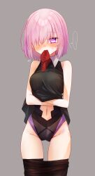 Rule 34 | ..., 1girl, absurdres, bare arms, black dress, black leotard, black pantyhose, blush, clothes lift, clothes pull, clothing cutout, cowboy shot, dress, dress lift, embarrassed, fate/grand order, fate (series), grey background, hair over one eye, harukappa, highres, leotard, lifted by self, mash kyrielight, medium hair, midriff, mouth hold, navel, necktie, pantyhose, pantyhose pull, pink eyes, pink hair, red necktie, short dress, simple background, sleeveless, sleeveless dress, solo, speech bubble, spoken ellipsis, standing, stomach, stomach cutout, straight hair, sweatdrop, thigh gap