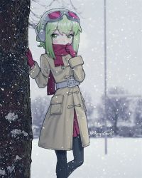 Rule 34 | 1girl, aegissanp, artist name, blush, coat, covered mouth, duffel coat, gloves, goggles, goggles on head, green eyes, green hair, gumi, hands up, headphones, highres, leaning on object, long sleeves, looking to the side, pantyhose, photo background, pleated skirt, scarf, scarf over mouth, short hair with long locks, sidelocks, skirt, snow, snowing, solo, tree, vocaloid, winter, winter clothes
