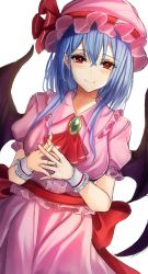 Rule 34 | 1girl, 7saki, ascot, bad id, bad twitter id, bat wings, blue hair, blush, bow, brooch, dress, dutch angle, hair between eyes, hat, hat ribbon, highres, jewelry, light smile, looking at viewer, mob cap, own hands clasped, own hands together, pink dress, pink hat, puffy short sleeves, puffy sleeves, red bow, red eyes, red ribbon, red sash, remilia scarlet, ribbon, sash, short hair, short sleeves, simple background, solo, touhou, white background, wings, wrist cuffs