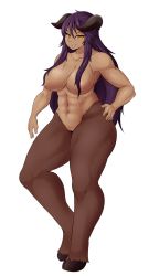 Rule 34 | 1girl, abs, areola slip, breasts, cleft of venus, curved horns, dark-skinned female, dark skin, demon, demon girl, demon horns, doom (series), full body, hair censor, hair over breasts, hand on own hip, hdoom, hell knight, highres, hooves, horns, large breasts, lips, long hair, looking at viewer, meganemausu, monster, monster girl, muscular, muscular female, nude, parted lips, personification, purple hair, pussy, segmented horns, small areolae, small nipples, smirk, solo, standing, thick thighs, thighs, topless, tsurime, uncensored, very long hair, white background, yellow eyes