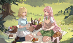 2girls absurdres artist_request baguette bang_dream! bang_dream!_it&#039;s_mygo!!!!! black_socks blonde_hair blue_neckerchief blue_shirt bread brown_footwear brown_sweater_vest cake chihaya_anon chinese_commentary closed_mouth collared_shirt commentary_request commission cup day fang food grass green_necktie green_skirt grey_eyes hanasakigawa_school_uniform haneoka_school_uniform highres holding holding_cup holding_spoon kneehighs loafers long_hair medium_hair misumi_uika multiple_girls neckerchief necktie open_mouth outdoors picnic picnic_basket pink_hair plaid_clothes plaid_skirt pleated_skirt purple_eyes sailor_collar school_uniform second-party_source serafuku shirt shoes short_sleeves sidelocks sitting skirt socks spoon sweater_vest tree white_sailor_collar white_shirt white_skirt