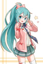 Rule 34 | 1girl, :d, alternate hairstyle, blue eyes, blue hair, blue necktie, blush, bow, contemporary, cowboy shot, green skirt, grey shirt, hair between eyes, hair bow, hand gesture, hatsune miku, headphones, headphones around neck, jacket, long hair, long sleeves, looking at viewer, matching hair/eyes, necktie, open clothes, open jacket, open mouth, pink bow, pink jacket, pleated skirt, ponytail, shirt, skirt, smile, snowmi, solo, standing, star (symbol), striped necktie, striped neckwear, tareme, thighhighs, v, very long hair, vocaloid, white thighhighs, zettai ryouiki