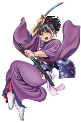 Rule 34 | 1girl, :d, black hair, blue eyes, full body, hair ornament, hand up, highres, holding, holding sword, holding weapon, ichiren takushou, japanese clothes, jumping, katana, kimono, long sleeves, looking at viewer, no shoes, obi, open mouth, original, outstretched arm, plantar flexion, ponytail, purple kimono, sash, scabbard, sheath, simple background, smile, solo, sword, tabi, tongue, unsheathed, weapon, white background, white legwear, zantetsu (gesogeso)