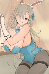 Rule 34 | 1girl, animal ears, asuna (blue archive), asuna (bunny) (blue archive), blue archive, blue bow, blue bowtie, blue leotard, bow, bowtie, couch, curtains, detached collar, fake animal ears, gloves, hair over one eye, highres, leotard, light brown hair, necro (nekurodayo), pantyhose, playboy bunny, rabbit ears, rabbit tail, smile, solo, strapless, strapless leotard, tail, white gloves