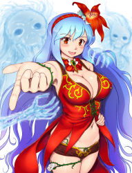 Rule 34 | 1girl, blue hair, blush, bracelet, breasts, cleavage, detached collar, flower, ghost, hair flower, hair ornament, hairband, highres, jewelry, large breasts, long hair, looking at viewer, midriff, navel, open mouth, orizen, outstretched arm, red eyes, rocbouquet (saga), romancing saga 2, rose, saga, short shorts, shorts, solo focus, square enix, very long hair, wavy hair, white flower, white rose