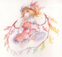 Rule 34 | 1girl, ascot, blonde hair, flandre scarlet, hat, red eyes, rella, side ponytail, touhou, traditional media, wings