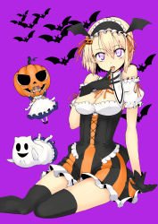 Rule 34 | 1girl, alice margatroid, alternate costume, alternate hairstyle, apron, arm support, bare shoulders, bat (animal), bat wings, black thighhighs, blonde hair, breasts, capelet, cleavage, corset, doll, dress, female focus, gloves, glowing, glowing eyes, hairband, halloween, head tilt, head wings, hourai doll, jack-o&#039;-lantern, licking, licking finger, looking at viewer, naughty face, open mouth, pumpkin, purple background, purple eyes, shanghai doll, sitting, solo, thighhighs, tongue, tongue out, touhou, uro (urotanc), wide hips, wings, yokozuwari, zettai ryouiki