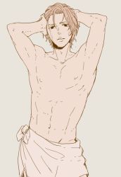 Rule 34 | 1boy, armpits, brown background, hands in hair, lips, looking at viewer, male focus, moinu, naked towel, parted lips, shinkai hayato, simple background, solo, towel, wet, wet hair, yowamushi pedal