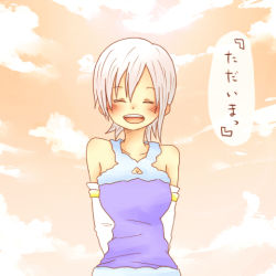 Rule 34 | 1girl, arms behind back, bare shoulders, blue dress, blush, breasts, cleavage, cleavage cutout, closed eyes, clothing cutout, cloud, collarbone, day, detached sleeves, dress, facing viewer, fairy tail, hair between eyes, happy, hiragana, japanese text, large breasts, lisanna strauss, lowres, open mouth, outdoors, puuma (pixiv1277374), short hair, sky, smile, solo, speech bubble, standing, talking, teeth, tongue, translated, white hair