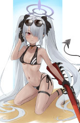 Rule 34 | 1girl, absurdres, anklet, bikini, black bikini, black bow, black footwear, black gloves, blue archive, blush, bow, breasts, choker, closed mouth, commentary request, dark-skinned female, dark skin, demon girl, demon tail, eyewear on head, glasses, gloves, grey hair, gun, hair bow, hair over one eye, halo, highres, holding, holding gun, holding weapon, iori (blue archive), iori (swimsuit) (blue archive), jewelry, kneeling, long hair, looking at viewer, multi-strapped bikini bottom, navel, official alternate costume, pointy ears, red eyes, saibashi (develop komono), sandals, side-tie bikini bottom, sidelocks, simple background, small breasts, solo, stomach, swimsuit, tail, thigh strap, thighlet, twintails, very long hair, weapon