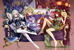 Rule 34 | 2girls, alternate costume, bad hands, bare shoulders, barefoot, beret, blue eyes, breasts, china dress, chinese clothes, couch, dress, hat, highres, hong meiling, izayoi sakuya, jpeg artifacts, legs, long hair, multiple girls, neko (yanshoujie), open mouth, outstretched arms, red eyes, red hair, short hair, silver hair, sitting, smile, thighhighs, touhou, white legwear