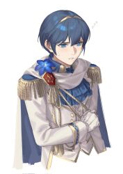 Rule 34 | 1boy, blue eyes, blue flower, blue hair, cape, commentary, cropped torso, epaulettes, fire emblem, fire emblem: mystery of the emblem, fire emblem: shadow dragon, fire emblem heroes, flower, flying sweatdrops, formal, gloves, groom, hair between eyes, highres, long sleeves, looking away, male focus, marth (fire emblem), marth (groom) (fire emblem), mik blamike, nintendo, official alternate costume, short hair, simple background, solo, suit, tiara, white background, white gloves, white suit