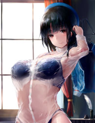 Rule 34 | 10s, 1girl, arched back, bad anatomy, bad id, bad pixiv id, black hair, blouse, blue bra, blue panties, bra, breasts, colored eyelashes, desk, eyelashes, highres, indoors, kantai collection, large breasts, looking at viewer, midriff, navel, panties, red eyes, see-through, shirt, short hair, solo, takao (kancolle), takeichi yui, underwear, upper body, wet, wet clothes, white shirt