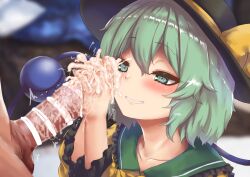 Rule 34 | 1boy, 1girl, bar censor, black headwear, blurry, blurry background, blush, censored, collarbone, commentary request, cum, ejaculation, green eyes, green hair, handjob, hat, hat ribbon, hetero, highres, komeiji koishi, open mouth, paid reward available, parted lips, penis, ribbon, short hair, smile, solo focus, third eye, touhou, twitching penis, upper body, variant set, yamataka, yellow ribbon