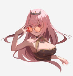 Rule 34 | 1girl, absurdres, armpit peek, aviator sunglasses, black dress, breasts, cleavage, cleavage cutout, clothing cutout, cropped torso, dress, floating hair, highres, hololive, hololive english, large breasts, long hair, looking at viewer, looking over eyewear, meiyan (boyimachao), mori calliope, mori calliope (1st costume), open mouth, orange-tinted eyewear, orange-tinted glasses, pink hair, red eyes, smile, solo, sunglasses, tiara, tinted eyewear, upper body, v, v-shaped eyebrows, virtual youtuber