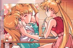 Rule 34 | 1990s (style), 2girls, aino minako, axis, bishoujo senshi sailor moon, blonde hair, closed eyes, glass, half updo, hand on another&#039;s cheek, hand on another&#039;s face, kiss, long hair, lowres, mermaid (artist), multiple girls, non-web source, retro artstyle, sleeveless, surprised, tsukino usagi, twintails, very long hair, yuri