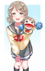 Rule 34 | 1girl, bad id, bad pixiv id, black socks, blue eyes, bow, bowtie, character doll, clenched hand, grey hair, hand on own knee, hand puppet, highres, kaisou (0731waka), kneehighs, leaning forward, long sleeves, looking at viewer, love live!, love live! sunshine!!, open mouth, pleated skirt, pom pom (cheerleading), puppet, red bow, red bowtie, school uniform, serafuku, short hair, skirt, smile, socks, solo, swept bangs, uranohoshi school uniform, watanabe you, wavy hair