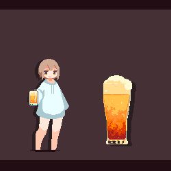 Rule 34 | 1girl, alcohol, animated, animated gif, aqua sweater, bare legs, barefoot, beer, beer mug, brown background, brown eyes, brown hair, cup, drawstring, glitch, jumping, long sleeves, looping animation, lowres, mug, original, pixel art, short hair, simple background, solo, sotie, speech bubble, sweater