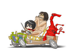 Rule 34 | &gt;:&lt;, 1boy, 1girl, :&lt;, @ @, abs, absurdres, black hair, boots, car, chair, closed mouth, crossover, driving, dual wielding, eren yeager, from side, frown, full body, giant, grey eyes, hair between eyes, hands up, highres, holding, jacket, looking at viewer, mikasa ackerman, motor vehicle, nude, open clothes, open jacket, rocking chair, rogue titan, saw blade, scared, scarf, shadow, shingeki no kyojin, short hair, simple background, sitting, sitting on lap, sitting on person, size difference, steampunk, symbol-shaped pupils, teeth, three-dimensional maneuver gear, titan (shingeki no kyojin), v-shaped eyebrows, vehicle, wacky races, white background, yamanaka akira, yellow eyes