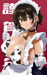 Rule 34 | 1girl, animal print, bell, neck bell, blue choker, blush, breasts, brown eyes, brown hair, choker, cleavage, closed mouth, commentary request, cow print, gloves, gomashi (goma), hair between eyes, large breasts, looking at viewer, maid, maid headdress, mole, mole on breast, mole under eye, original, red background, short hair, simple background, smile, solo, white gloves
