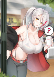 Rule 34 | 1girl, absurdres, alternate costume, antenna hair, azur lane, bare shoulders, belt, bikini, bikini top only, bikini under clothes, black jacket, blurry, blurry background, breasts, casual, choker, cleavage, crop top, cup, disposable cup, grey pants, hair between eyes, hand on own hip, highleg, highleg bikini, highres, holding, holding cup, huge breasts, j yak47, jacket, leaning forward, long hair, looking to the side, midriff, mole, mole on breast, multicolored hair, navel, off shoulder, outdoors, pants, ponytail, prinz eugen (azur lane), red belt, see-through, silver hair, stomach, streaked hair, swept bangs, swimsuit, tank top, white tank top, yellow eyes