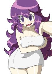 Rule 34 | 1girl, @ @, arm up, armpits, blush, breast hold, breasts, cleavage, collarbone, creatures (company), embarrassed, game freak, geo-tempest, hex maniac (pokemon), highres, large breasts, matching hair/eyes, nintendo, npc trainer, open mouth, pokemon, pokemon xy, purple hair, simple background, solo, standing, towel, wavy mouth, white background, white towel
