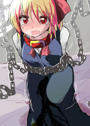 Rule 34 | 1girl, arms behind back, ascot, bdsm, black dress, blonde hair, blush, bondage, bound, breasts, breath, chain, collar, dress, embarrassed, female focus, hair ribbon, hizuki arata, kneeling, leaning forward, looking at viewer, nose blush, on bed, open mouth, peeing, peeing self, red ascot, red eyes, red ribbon, ribbon, rumia, shirt, short hair, sleeveless, sleeveless dress, small breasts, solo, sweat, tears, touhou, trembling, wet, wet clothes, white shirt