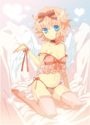 Rule 34 | 1boy, androgynous, angel, blonde hair, blue eyes, bow, camisole, choker, crossdressing, cupid (mami), feet, frilled panties, frills, hair bow, male focus, mami (apsaras), off shoulder, open mouth, original, panties, pink thighhighs, salon pixiv, side-tie panties, sitting, solo, thighhighs, thong, trap, underwear, wings, wrist cuffs