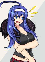 Rule 34 | !, 1girl, ^^^, ahoge, belt, blue eyes, blue hair, blush, breasts, carmine, carmine (cosplay), carmine (under night in-birth), cleavage, commentary, commentary request, cosplay, fur collar, hair between eyes, hairband, highres, holding own arm, huge ahoge, kitkatfox87, large breasts, long hair, midriff, navel, orie ballardiae harada, solo, under night in-birth, white hairband, zipper