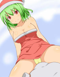 Rule 34 | 1girl, alternate costume, arms at sides, bare arms, bare legs, bare shoulders, blush, breasts, cameltoe, christmas, cleavage, closed mouth, collarbone, dress, dutch angle, female focus, gradient background, green hair, hat, kazami yuuka, legs, looking at viewer, medium breasts, outdoors, panties, pantyshot, red dress, red eyes, red hat, sack, santa costume, short dress, short hair, sitting, sky, smile, solo, spread legs, strapless, strapless dress, touhou, underwear, yellow panties