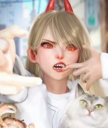Rule 34 | + +, 1girl, absurdres, blonde hair, blurry, cat, chainsaw man, crab, cross-shaped pupils, demon horns, depth of field, finger gun, finger in own mouth, furrowed brow, highres, horns, looking at viewer, meowy (chainsaw man), open mouth, power (chainsaw man), red horns, red pupils, sharp teeth, shirt, symbol-shaped pupils, teeth, white shirt, yellow eyes, yoracrab