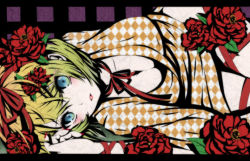 Rule 34 | 1girl, aqua eyes, argyle, artist request, bad id, bad pixiv id, blonde hair, blush, breasts, cleavage, flower, gradient hair, hair flower, hair ornament, hair ribbon, hairclip, japanese clothes, kagamine rin, kimono, large breasts, lipstick, lying, makeup, multicolored hair, nail polish, nekoame, on side, peony (flower), red nails, ribbon, short hair, solo, vocaloid