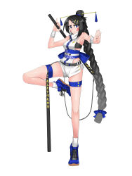 Rule 34 | 1girl, absurdres, asha, bandeau, belt, black bandeau, black belt, black hair, blue eyes, blue footwear, blue sash, braid, braided ponytail, breasts, closed mouth, commentary request, facial mark, fighting stance, forehead mark, full body, hair bun, hair ornament, hair stick, hairclip, highres, holding, holding weapon, long hair, looking at viewer, medium breasts, nunchaku, obi, original, sash, shoes, shorts, simple background, single hair bun, sneakers, solo, standing, standing on one leg, swept bangs, thigh strap, v-shaped eyebrows, very long hair, weapon, white background, white shorts