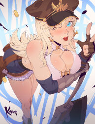 Rule 34 | 1girl, ;p, artist name, axe, bikini, bikini top only, blonde hair, breasts, cleavage, elbow gloves, fingerless gloves, fur-trimmed shorts, fur trim, gloves, hat, highres, koyorin, large breasts, long hair, looking at viewer, one eye closed, ragnarok online, shorts, solo, swimsuit, tongue, tongue out, whitesmith (ragnarok online)