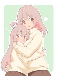 Rule 34 | 2girls, :d, ahoge, blush, border, breasts, brown eyes, brown skirt, colored inner hair, commentary, frown, genderswap, genderswap (mtf), green background, grey hair, hair between eyes, heart, highres, hug, large breasts, long hair, long sleeves, looking at viewer, matching outfits, mother and daughter, multicolored hair, multiple girls, onii-chan wa oshimai!, open mouth, outline, outside border, oyama mahiro, oyama matsuri, pink hair, ribbed sweater, simple background, skirt, smile, squiggle, standing, sweater, turtleneck, turtleneck sweater, two-tone hair, unkimo, white border, white outline, yellow sweater