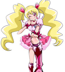 Rule 34 | 00s, 1girl, blonde hair, boots, bow, choker, cure peach, dress, earrings, eyelashes, foreshortening, fresh precure!, hair ornament, hairpin, heart, heart hair ornament, jewelry, knee boots, long hair, magical girl, momozono love, one eye closed, pink bow, pink eyes, pink footwear, precure, ribbon, sinko (sinsin), smile, solo, thumbs up, twintails, wink, wrist cuffs