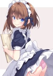 Rule 34 | 1girl, apron, ass, blue eyes, blush, brown hair, commentary request, dress, highres, ina (inadahime), looking at viewer, looking back, maid, maid apron, maid headdress, original, panties, pantyshot, pink panties, short hair, side-tie panties, simple background, smile, solo, underwear, wedgie, white background, wind, wind lift