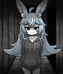 Rule 34 | 1girl, ahoge, animal ear fluff, animal ears, arms behind back, black hoodie, blank eyes, blue hair, colored skin, commentary, hashtag-only commentary, hood, hoodie, indie virtual youtuber, ink (inksgirls), long hair, multicolored hair, nanobites, rabbit ears, shaded face, solo, streaked hair, tearing up, tears, trembling, two-tone hair, vignetting, virtual youtuber, white hair, white skin