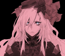 Rule 34 | 1girl, ascot, black background, black capelet, black dress, black hat, breasts, capelet, dress, fate/grand order, fate (series), grey eyes, hair between eyes, hat, kriemhild (fate), kriemhild (first ascension) (fate), large breasts, long hair, long sleeves, looking at viewer, mole, mole under eye, simple background, slit pupils, solo, takuan (takuanlunch), wavy hair, white hair