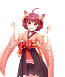 Rule 34 | 1girl, ahoge, animal ears, bell, black skirt, blush, bow, breasts, brown hair, cat ears, cat girl, commentary request, cowboy shot, fang, frilled sleeves, frills, hair bell, hair ornament, hands up, highres, ichihime, japanese clothes, jingle bell, looking at viewer, mahjong soul, medium bangs, obi, open mouth, pink shirt, pleated skirt, red bow, red eyes, red nails, sash, shirt, short hair, simple background, skin fang, skirt, small breasts, smile, solo, tadayou kemuri, waist bow, white background, wide sleeves