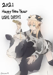 Rule 34 | 1girl, 2021, alternate costume, anchor hair ornament, animal print, aqua eyes, black socks, blonde hair, breasts, chinese zodiac, cow, cow print, fake horns, gradient background, hair ornament, hat, highres, horned headwear, horns, jacket, kantai collection, kneehighs, long hair, long sleeves, misumi (niku-kyu), new year, on animal, pouring, prinz eugen (kancolle), simple background, skirt, smile, socks, twintails, twitter username, year of the ox