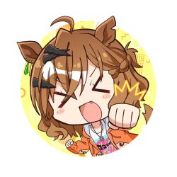 Rule 34 | &gt; &lt;, 1girl, ahoge, animal ears, blush stickers, braid, brown hair, chibi, clenched hands, commentary, earrings, facing viewer, fang, french braid, hair ornament, hairclip, horse ears, horse girl, horse tail, jacket, jewelry, jungle pocket (umamusume), long sleeves, multicolored hair, necklace, notched ear, open mouth, orange jacket, reaching, reaching towards viewer, ring, ring necklace, ryochapu, shirt, short hair, solo, streaked hair, tail, umamusume, upper body, white shirt
