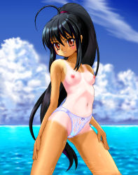 Rule 34 | 00s, 1girl, ahoge, black hair, blush, breasts, caustics, cloud, day, hand on thigh, head tilt, long hair, looking at viewer, nipples, ocean, one-piece tan, outdoors, panties, panties only, parted lips, ponytail, red eyes, ribs, see-through, shakugan no shana, shana, shiny skin, small breasts, solo, spread legs, standing, tan, tanline, topfreedom, topless, underwear, underwear only, very long hair, wet, wet clothes, white panties, zz-r
