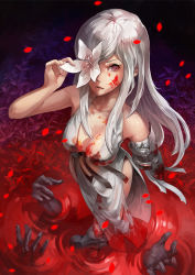 Rule 34 | 1girl, blood, blood on face, breasts, cleavage, drag-on dragoon, drag-on dragoon 3, dress, flower, flower eyepatch, flower over eye, jiro (ninetysix), long hair, petals, red eyes, solo, white hair, zero (drag-on dragoon)