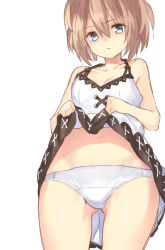Rule 34 | 1girl, bare shoulders, blanc (neptunia), blue eyes, breasts, brown hair, buran buta, cleavage, clothes lift, collarbone, cowboy shot, dress, dress lift, frown, hair between eyes, highres, looking at viewer, navel, neptune (series), panties, short hair, simple background, small breasts, solo, spaghetti strap, underwear, unfinished, white background, white dress, white panties